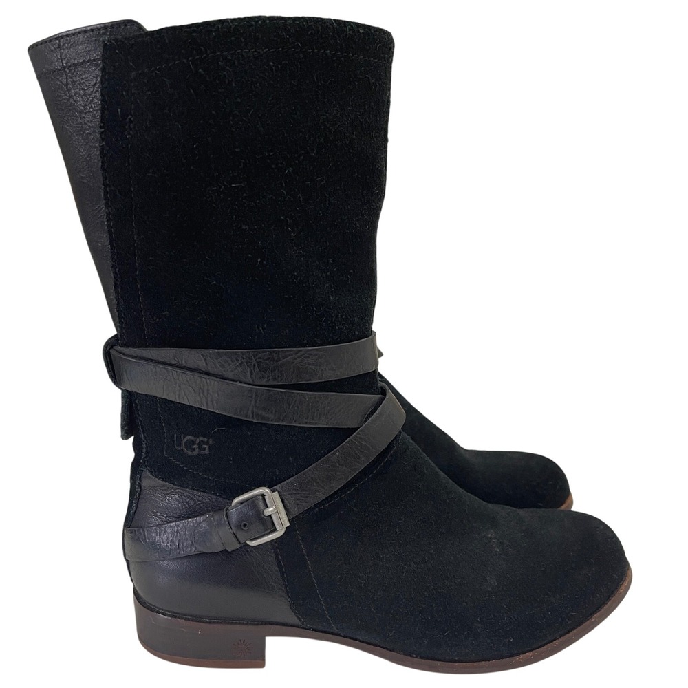 UGG Boots Womens 7 Black Deanna Suede Leather Moto Buckle Mid‎ Calf 1001791